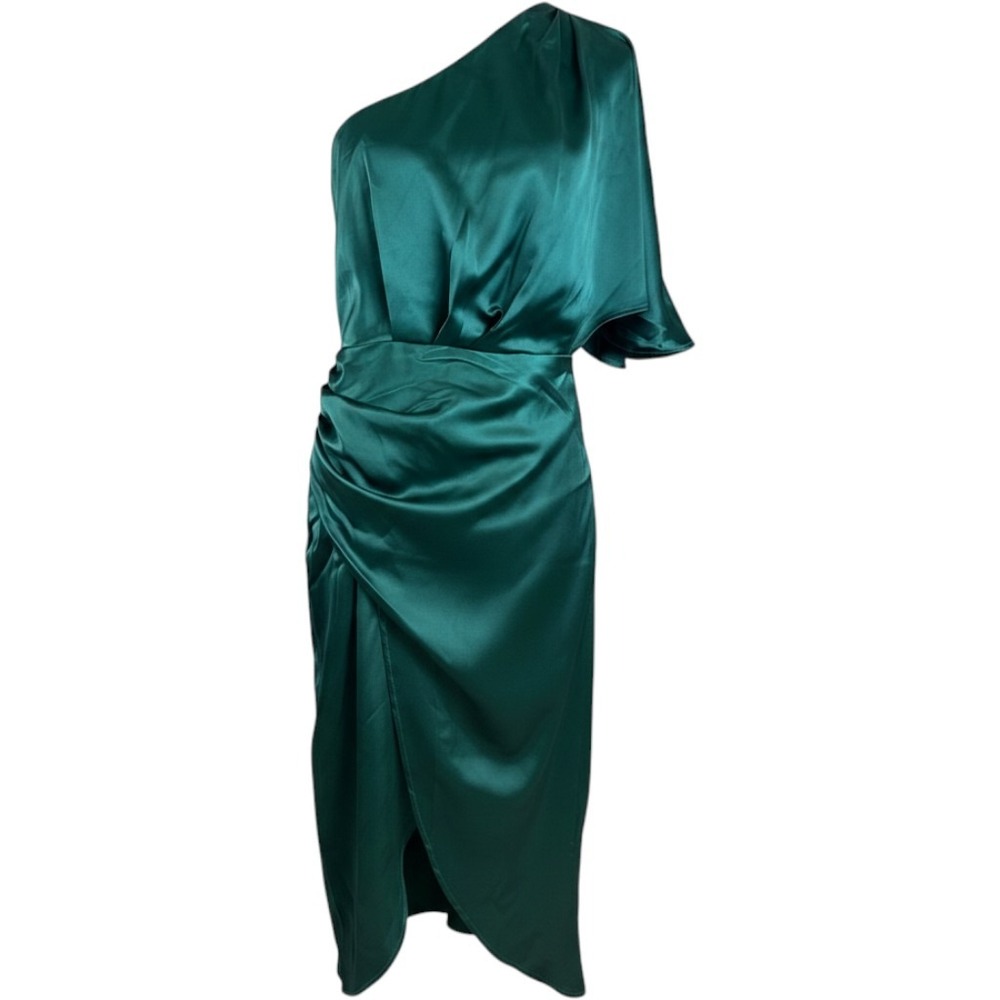 Cupshe Emerald Green Satin One Shoulder Ruched Wrap Midi Dress Size M NWT Glam